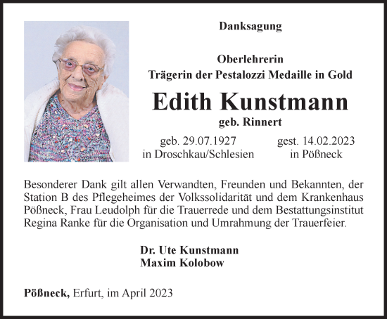 Traueranzeige von Edith Kunstmann von Ostthüringer Zeitung