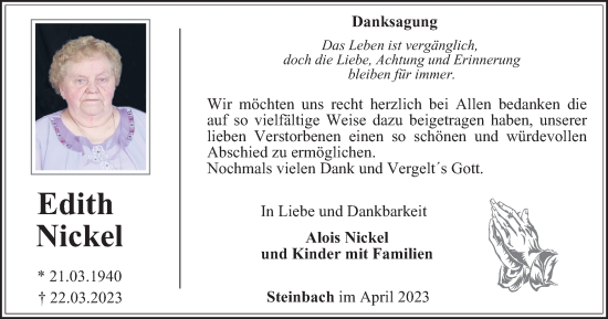 Traueranzeige von Edith Nickel von Thüringer Allgemeine