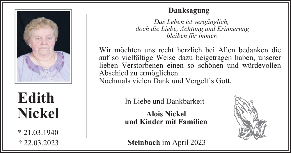  Traueranzeige für Edith Nickel vom 28.04.2023 aus Thüringer Allgemeine