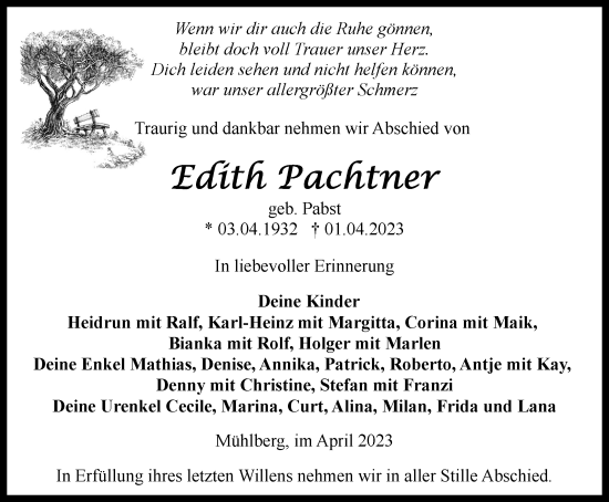 Traueranzeige von Edith Pachtner von Thüringer Allgemeine, Thüringische Landeszeitung