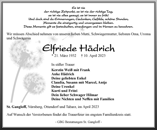 Traueranzeige von Elfriede Hädrich von Ostthüringer Zeitung