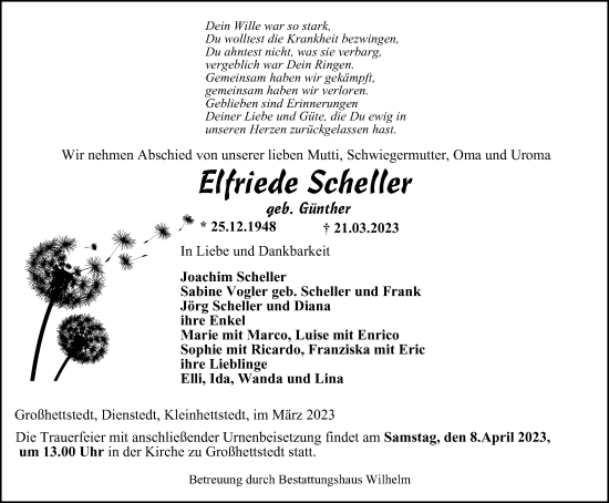 Traueranzeige von Elfriede Scheller von Thüringer Allgemeine