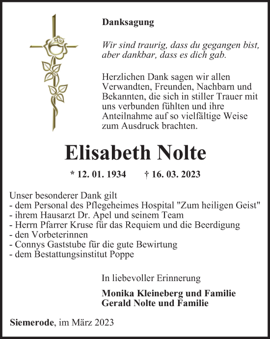 Traueranzeige von Elisabeth Nolte von Thüringer Allgemeine