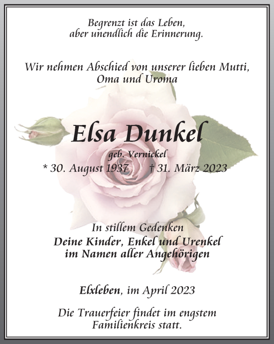 Traueranzeige von Elsa Dunkel von Thüringer Allgemeine