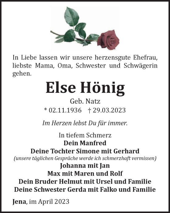 Traueranzeige von Else Hönig von Ostthüringer Zeitung, Thüringische Landeszeitung