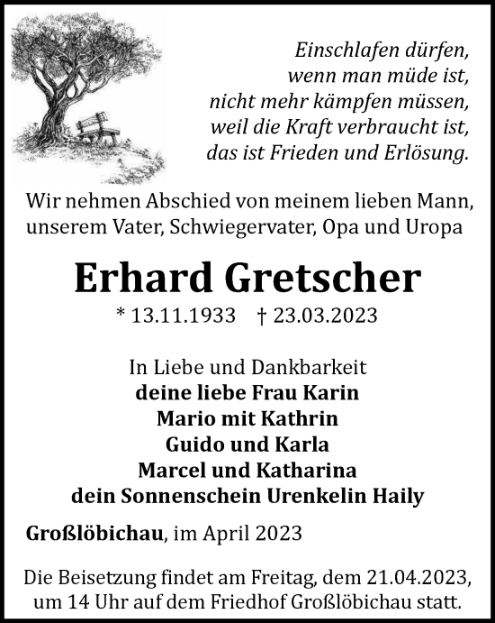 Traueranzeige von Erhard Gretscher von Ostthüringer Zeitung, Thüringische Landeszeitung
