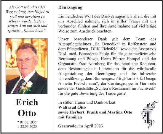 Traueranzeige von Erich Otto von Thüringer Allgemeine