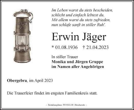 Traueranzeige von Erwin Jäger von Thüringer Allgemeine