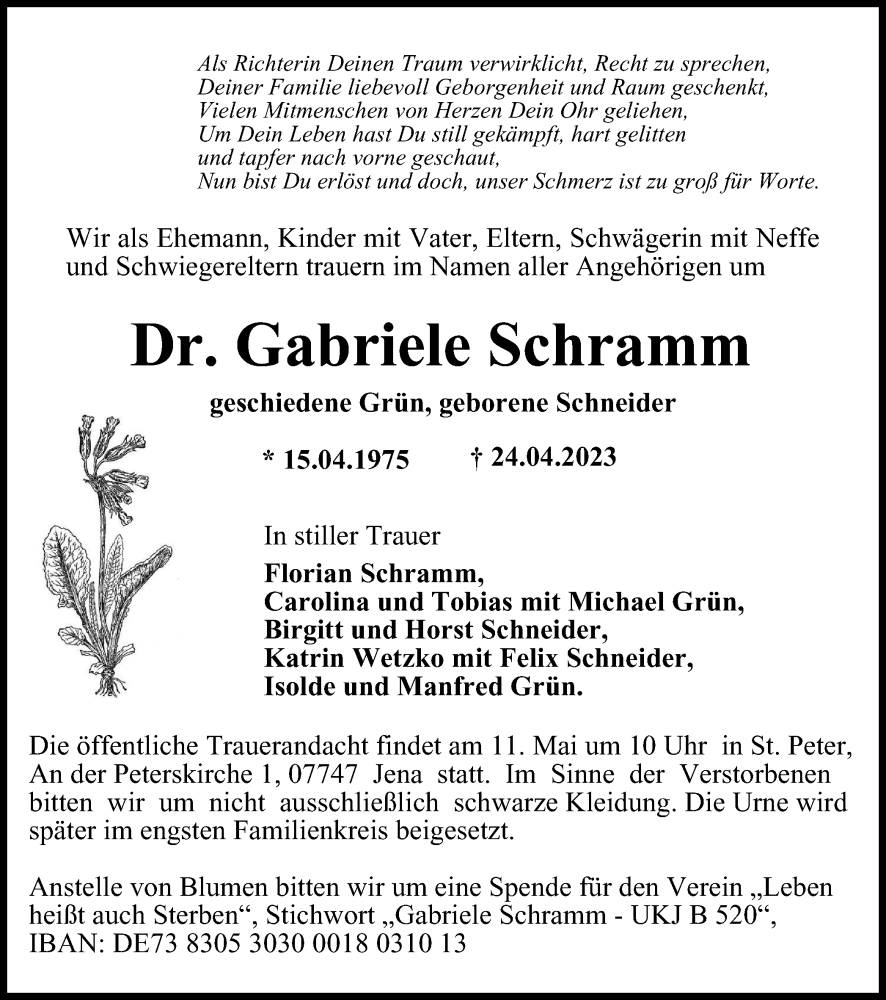  Traueranzeige für Gabriele Schramm vom 29.04.2023 aus Ostthüringer Zeitung, Thüringische Landeszeitung