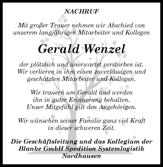 Traueranzeige von Gerald Wenzel von Thüringer Allgemeine