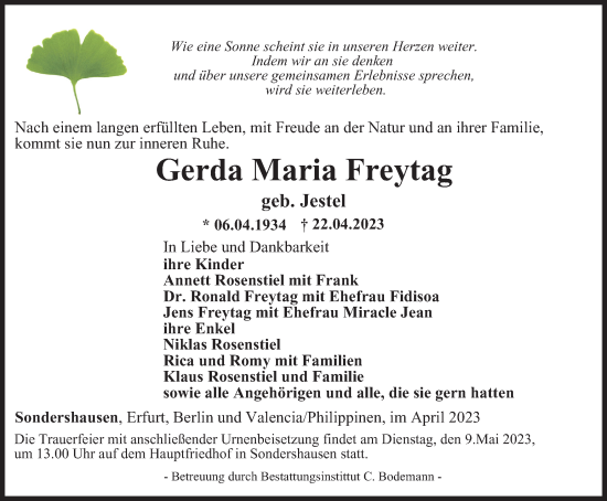 Traueranzeige von Gerda Maria Freytag