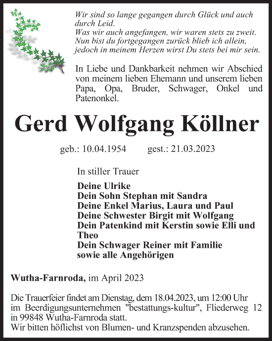 Traueranzeige von Gerd Wolfgang Köllner von Thüringer Allgemeine, Thüringische Landeszeitung