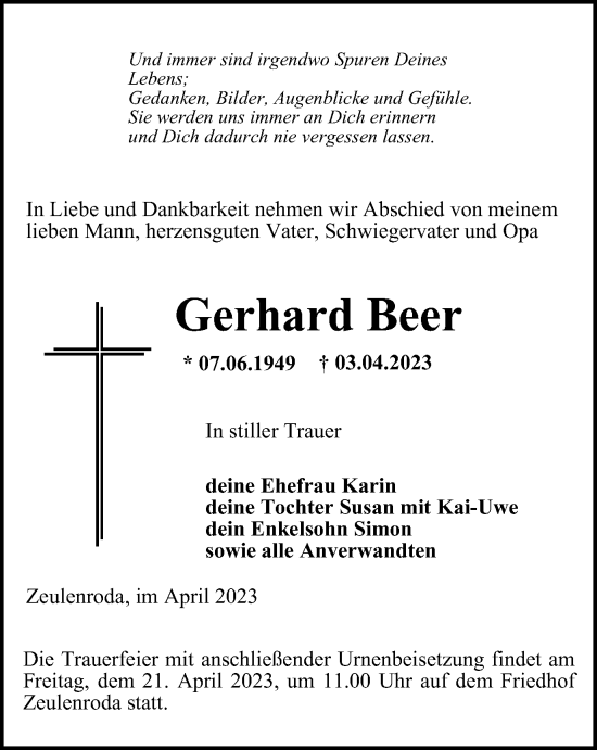 Traueranzeige von Gerhard Beer von Ostthüringer Zeitung