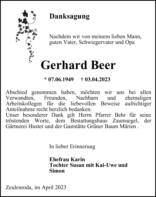 Traueranzeige von Gerhard Beer von Ostthüringer Zeitung