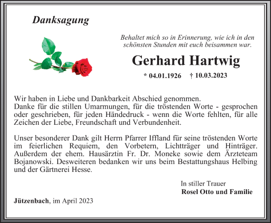 Traueranzeige von Gerhard Hartwig von Thüringer Allgemeine