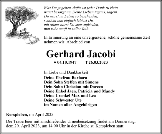 Traueranzeige von Gerhard Jacobi von Thüringer Allgemeine, Thüringische Landeszeitung