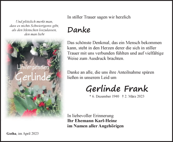Traueranzeige von Gerlinde Frank