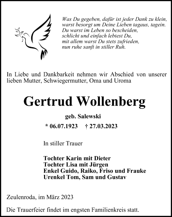 Traueranzeige von Gertrud Wollenberg von Ostthüringer Zeitung