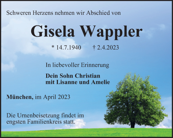 Traueranzeige von Gisela Wappler von Thüringer Allgemeine, Thüringische Landeszeitung