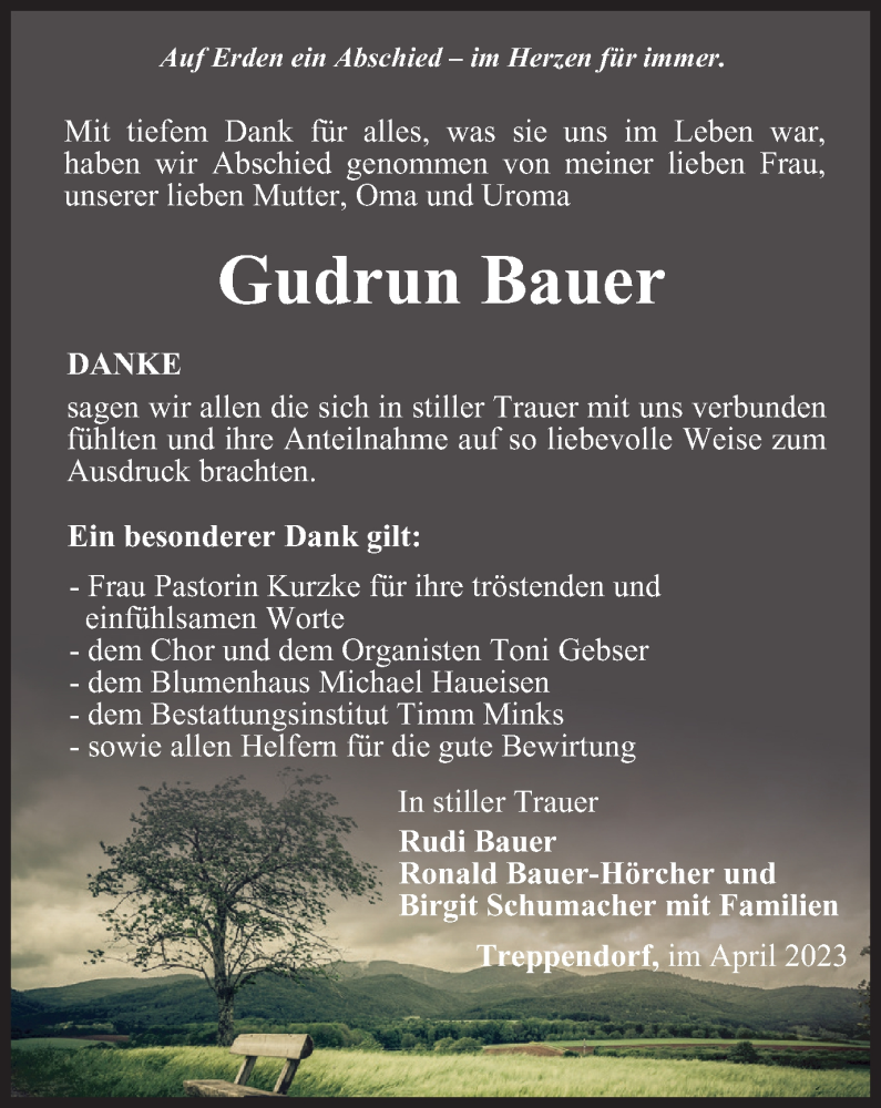  Traueranzeige für Gudrun Bauer vom 01.04.2023 aus Ostthüringer Zeitung