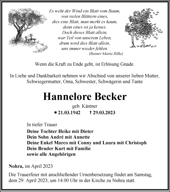 Traueranzeige von Hannelore Becker von Thüringer Allgemeine, Thüringische Landeszeitung