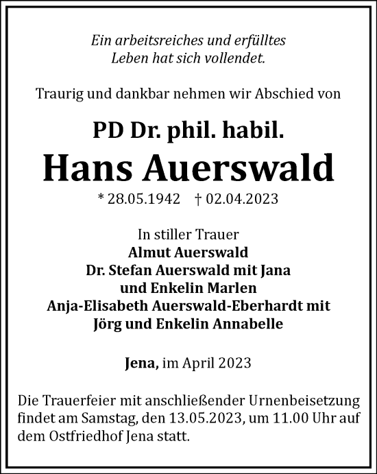 Traueranzeige von Hans Auerswald von Ostthüringer Zeitung, Thüringische Landeszeitung