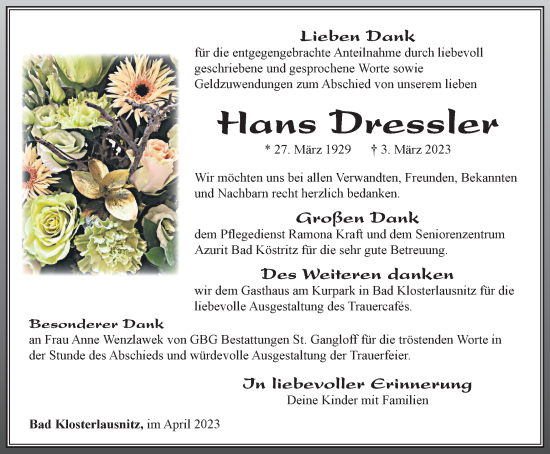 Traueranzeige von Hans Dressler von Ostthüringer Zeitung