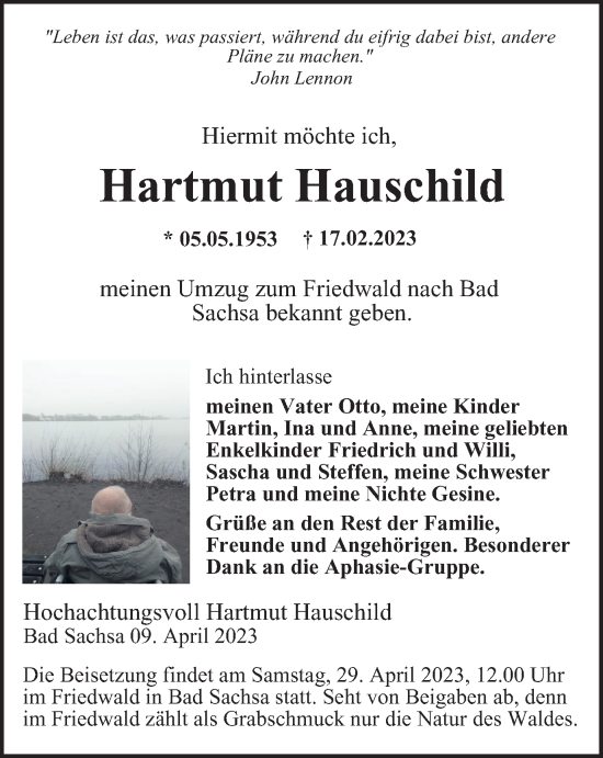 Traueranzeige von Hartmut Hauschild von Thüringer Allgemeine
