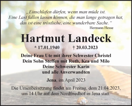 Traueranzeige von Hartmut Landeck von Ostthüringer Zeitung, Thüringische Landeszeitung