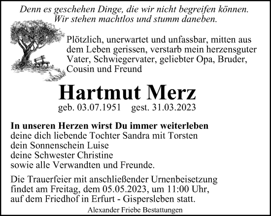 Traueranzeige von Hartmut Merz