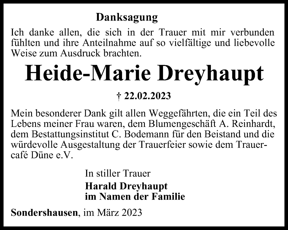  Traueranzeige für Heide-Marie Dreyhaupt vom 01.04.2023 aus Thüringer Allgemeine