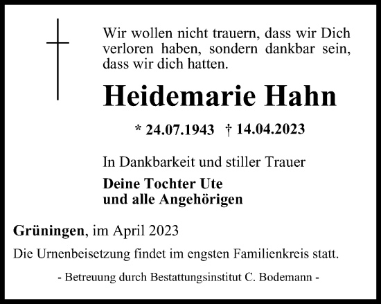 Traueranzeige von Heidemarie Hahn von Thüringer Allgemeine