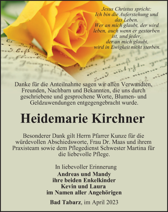 Traueranzeige von Heidemarie Kirchner von Thüringer Allgemeine, Thüringische Landeszeitung