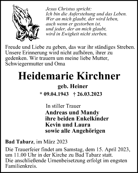 Traueranzeige von Heidemarie Kirchner von Thüringer Allgemeine, Thüringische Landeszeitung