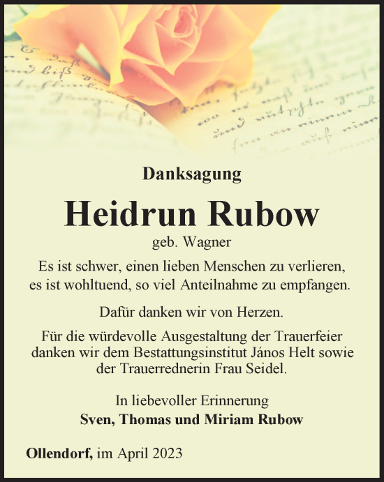 Traueranzeige von Heidrun Rubow von Thüringer Allgemeine, Thüringische Landeszeitung