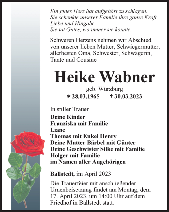 Traueranzeige von Heike Wabner von Thüringer Allgemeine, Thüringische Landeszeitung