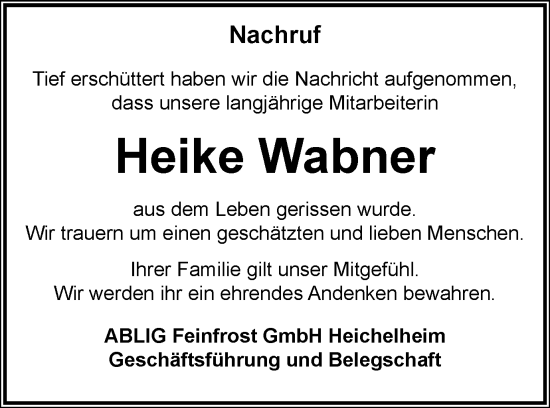 Traueranzeige von Heike Wabner von Thüringer Allgemeine, Thüringische Landeszeitung