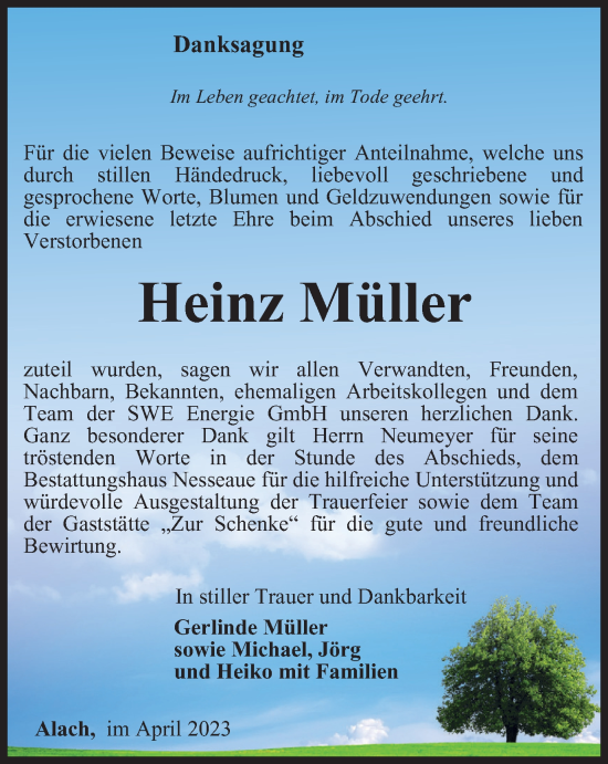 Traueranzeige von Heinz Müller von Thüringer Allgemeine, Thüringische Landeszeitung