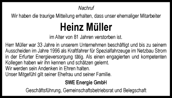 Traueranzeige von Heinz Müller von Thüringer Allgemeine, Thüringische Landeszeitung