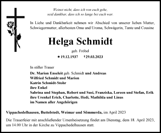 Traueranzeige von Helga Schmidt von Thüringer Allgemeine, Thüringische Landeszeitung