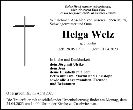 Traueranzeige von Helga Welz von Ostthüringer Zeitung