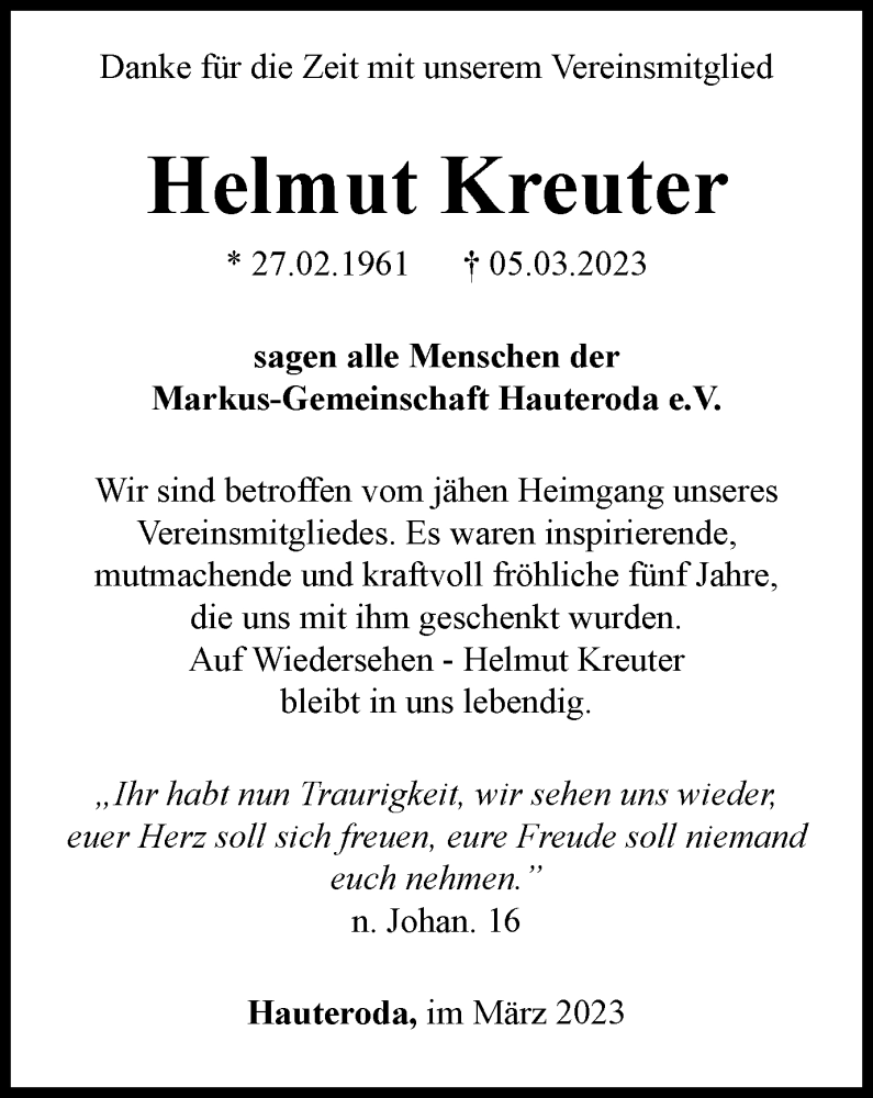  Traueranzeige für Helmut Kreuter vom 01.04.2023 aus Thüringer Allgemeine, Thüringische Landeszeitung
