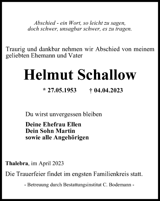 Traueranzeige von Helmut Schallow