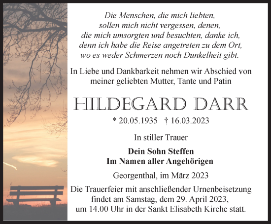 Traueranzeige von Hildegard Darr von Thüringer Allgemeine, Thüringische Landeszeitung