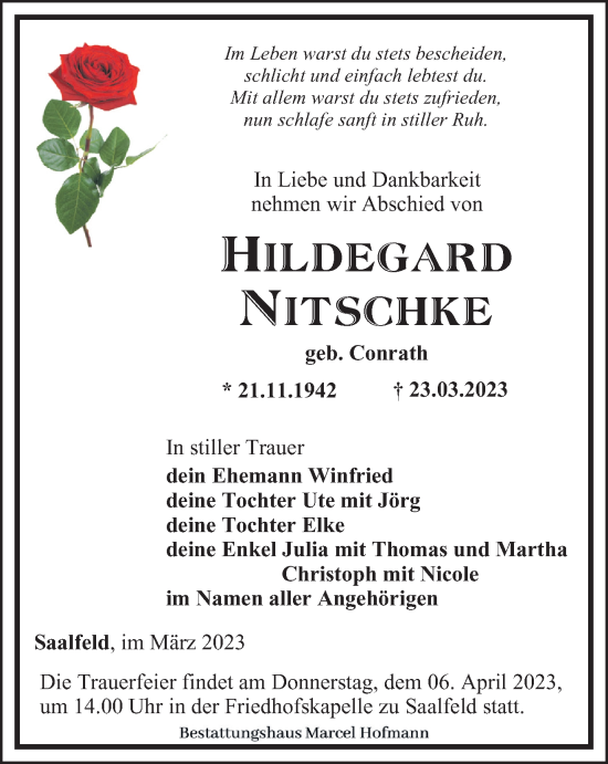 Traueranzeige von Hildegard Nitschke