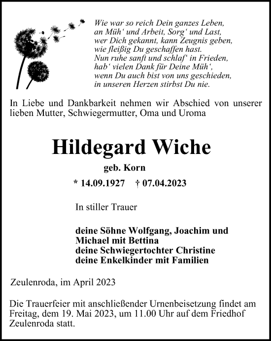 Traueranzeige von Hildegard Wiche von Ostthüringer Zeitung