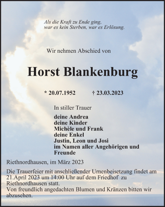 Traueranzeige von Horst Blankenburg