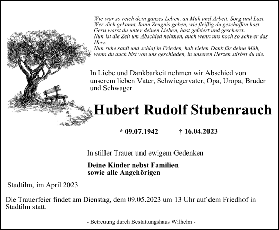 Traueranzeige von Hubert Rudolf Stubenrauch von Thüringer Allgemeine