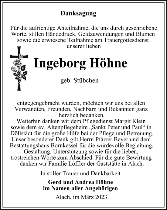 Traueranzeige von Ingeborg Höhne von Thüringer Allgemeine, Thüringische Landeszeitung