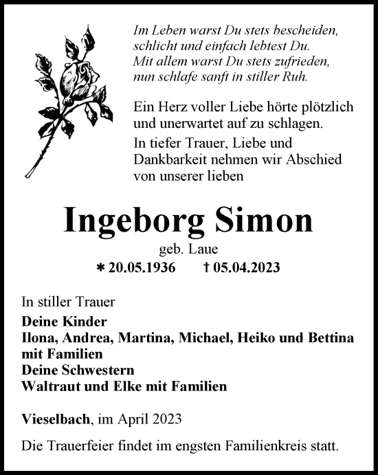 Traueranzeige von Ingeborg Simon von Thüringer Allgemeine, Thüringische Landeszeitung